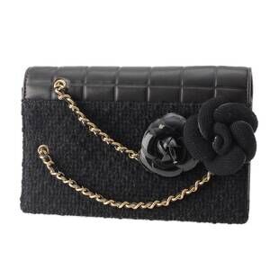 Chanel Chocolate Bar Camellia Chain Shoulder Clutch Bag Black Lamb Leather